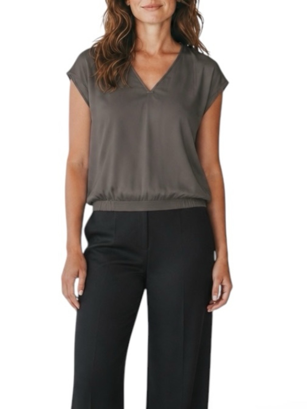 Lafayette 148 Silk Blouse V-neck Oversized Cinched Waist Sz Small In Brown